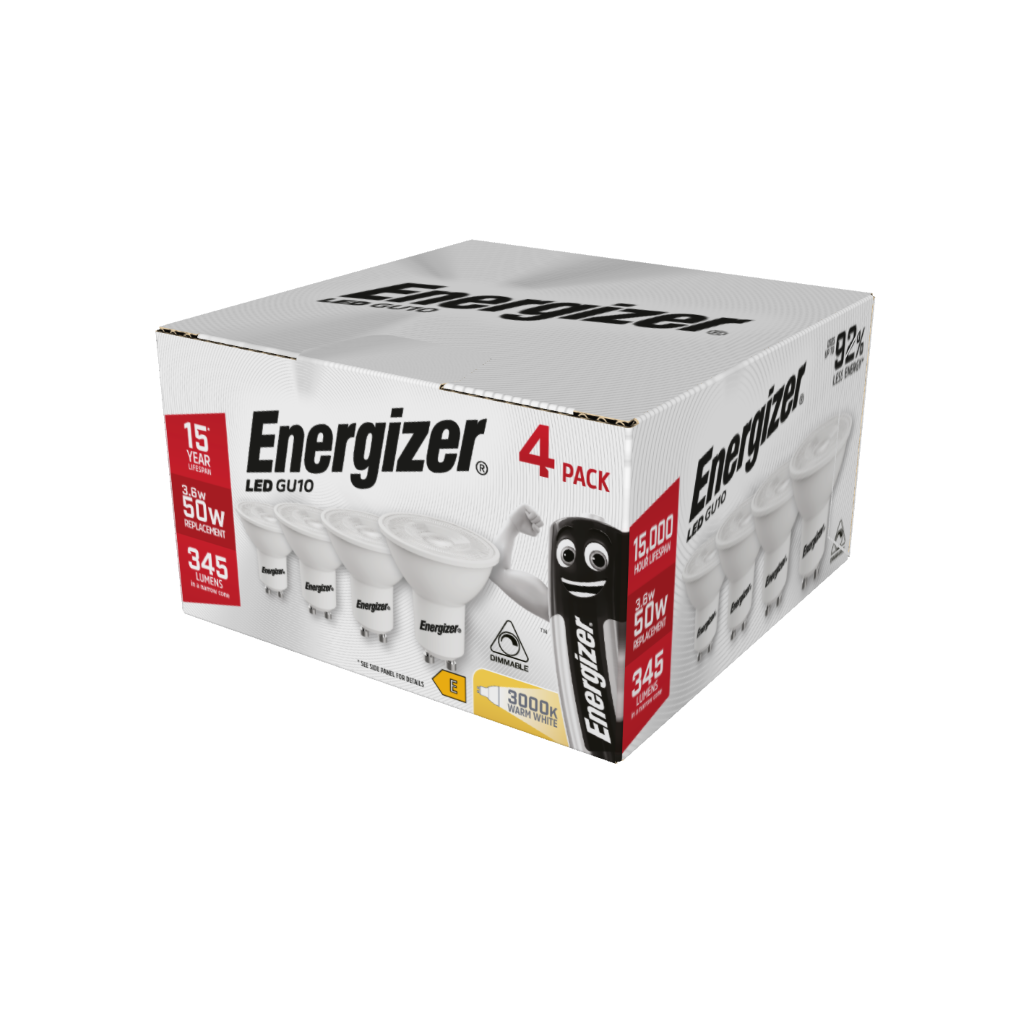 S10327 Energizer LED GU10 345lm 3.6W 3,000K (Warm White) Dimmable, Box of 4
