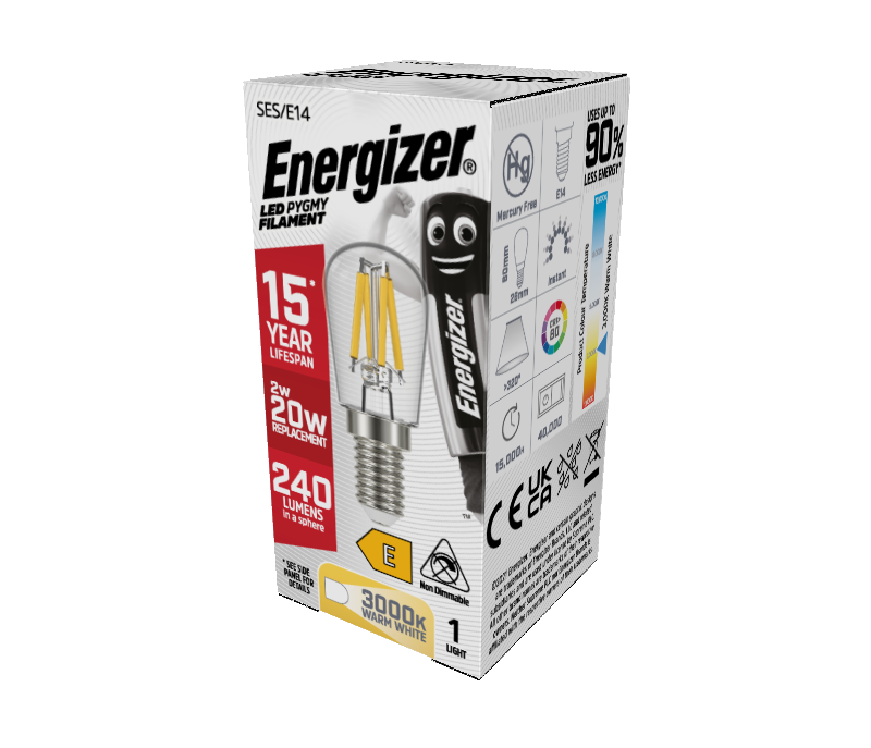 S13561 Energizer LED Filament Pygmy E14 (SES) 240lm 2W 2,700K (Warm White), Box of 1