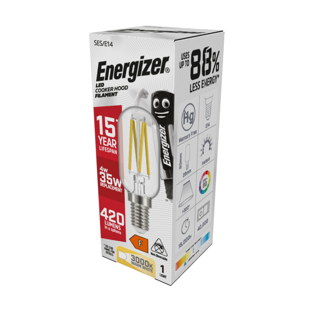 S13563 Energizer LED Filament Cookerhood E14 (SES) 420lm 4W 3,000K (Warm White), Box of 1