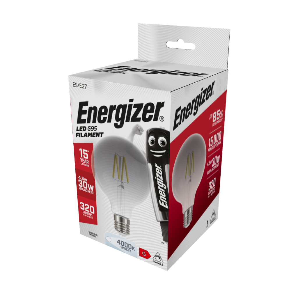 S15032 Energizer LED Filament G95 E27 (ES) Smokey 320lm 4.5W 4,000K (Cool White) Dimmable, Box of 1