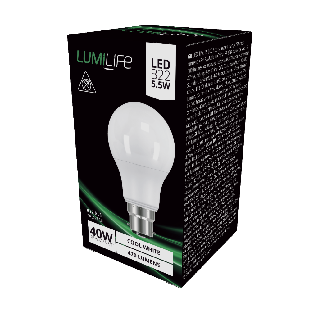 S16402 LumiLife LED GLS B22 (BC) 470lm 4.9W 4,000K (Cool White), Box of 1