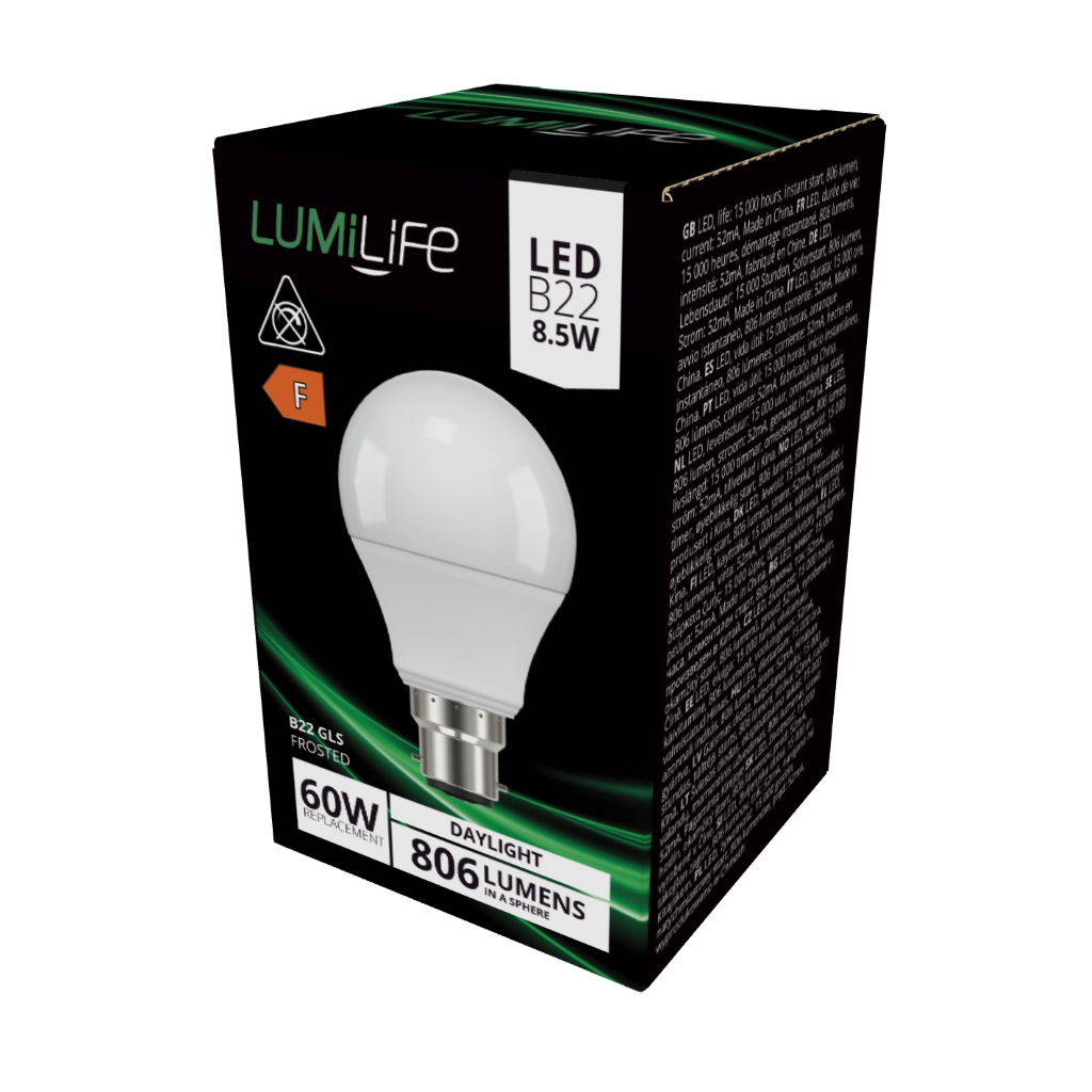 S16408 LumiLife LED GLS B22 (BC) 806lm 8.5W 6,500K (Daylight), Box of 1