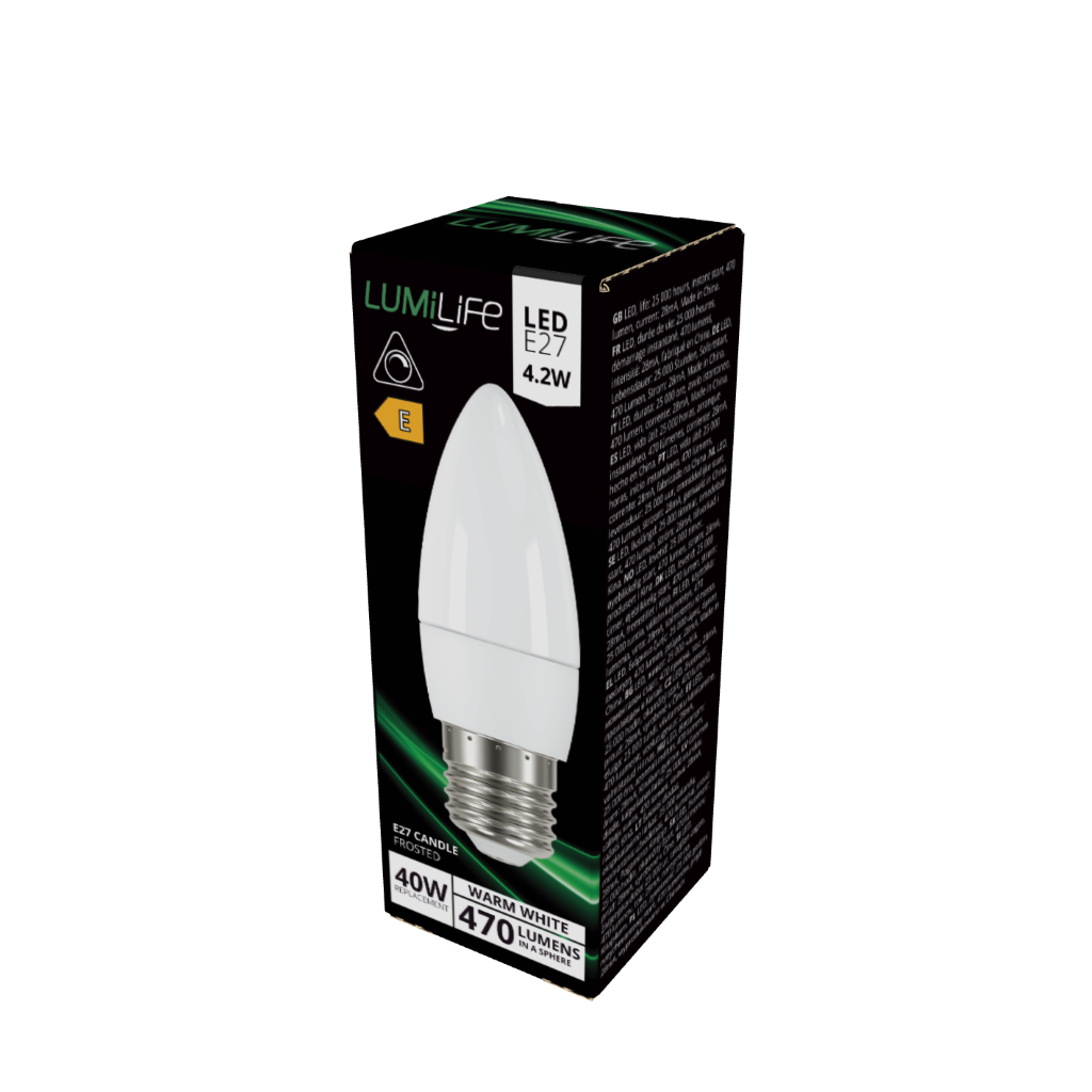 S16444 LumiLife LED Candle E27 (ES) 470lm 4.2W 2,700K (Warm White) Dimmable, Box of 1