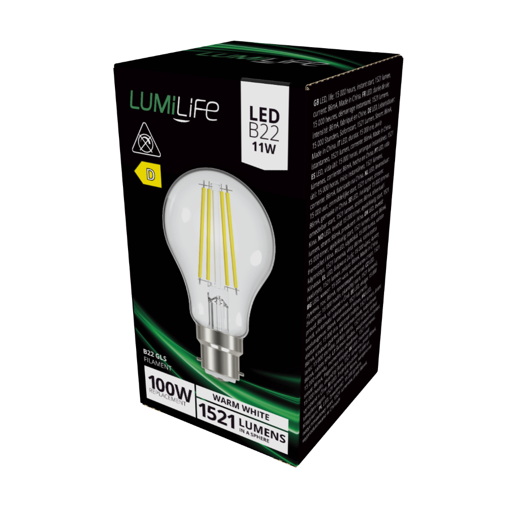 S16462 LumiLife LED Filament GLS B22 (SBC) 1,521lm 11W 2,700K (Warm White), Box of 1