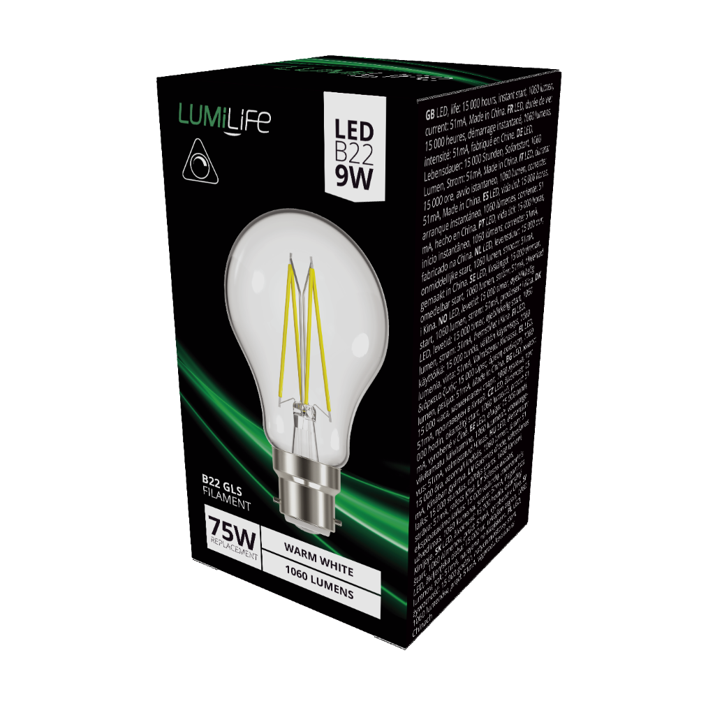 S16465 LumiLife LED Filament GLS B22 (BC) 1,521lm 8.2W 2,700K (Warm White) Dimmable, Box of 1