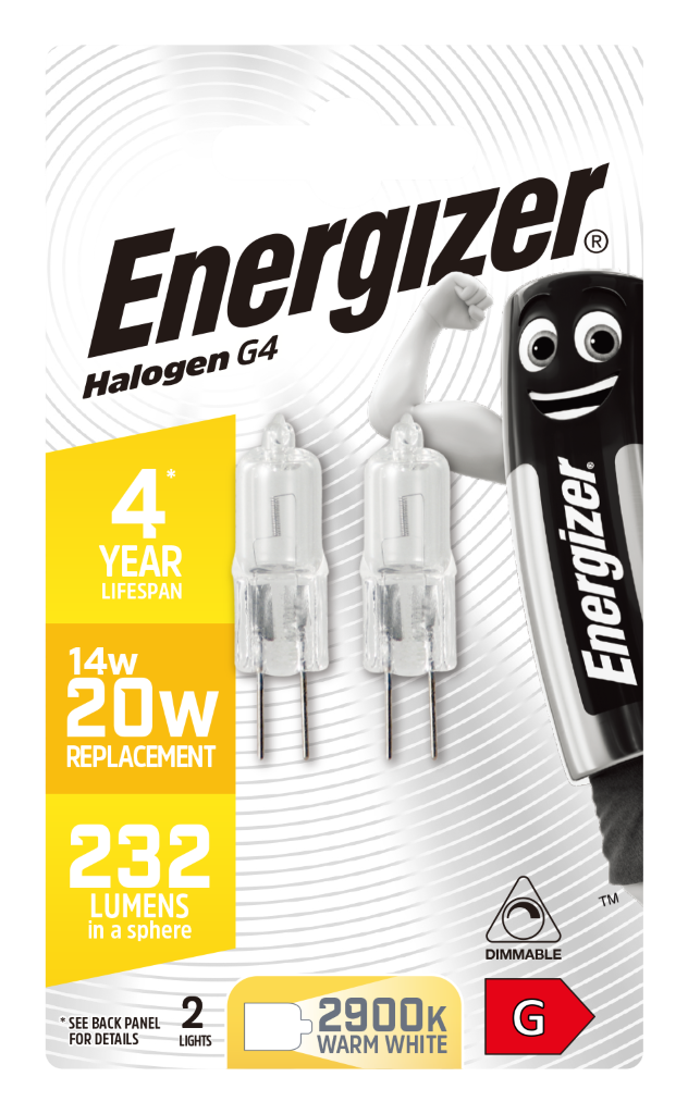 S4851 Energizer Halogen G4 232lm 14W 2,700K (Warm White) Dimmable, Blister Of 2