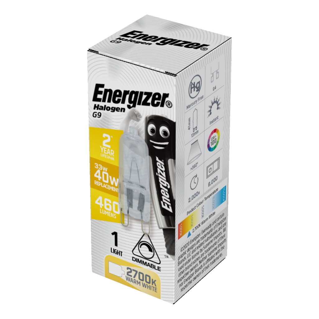 S5409 Energizer Halogen G9 460lm 33W 2,700K (Warm White) Dimmable, Box of 1