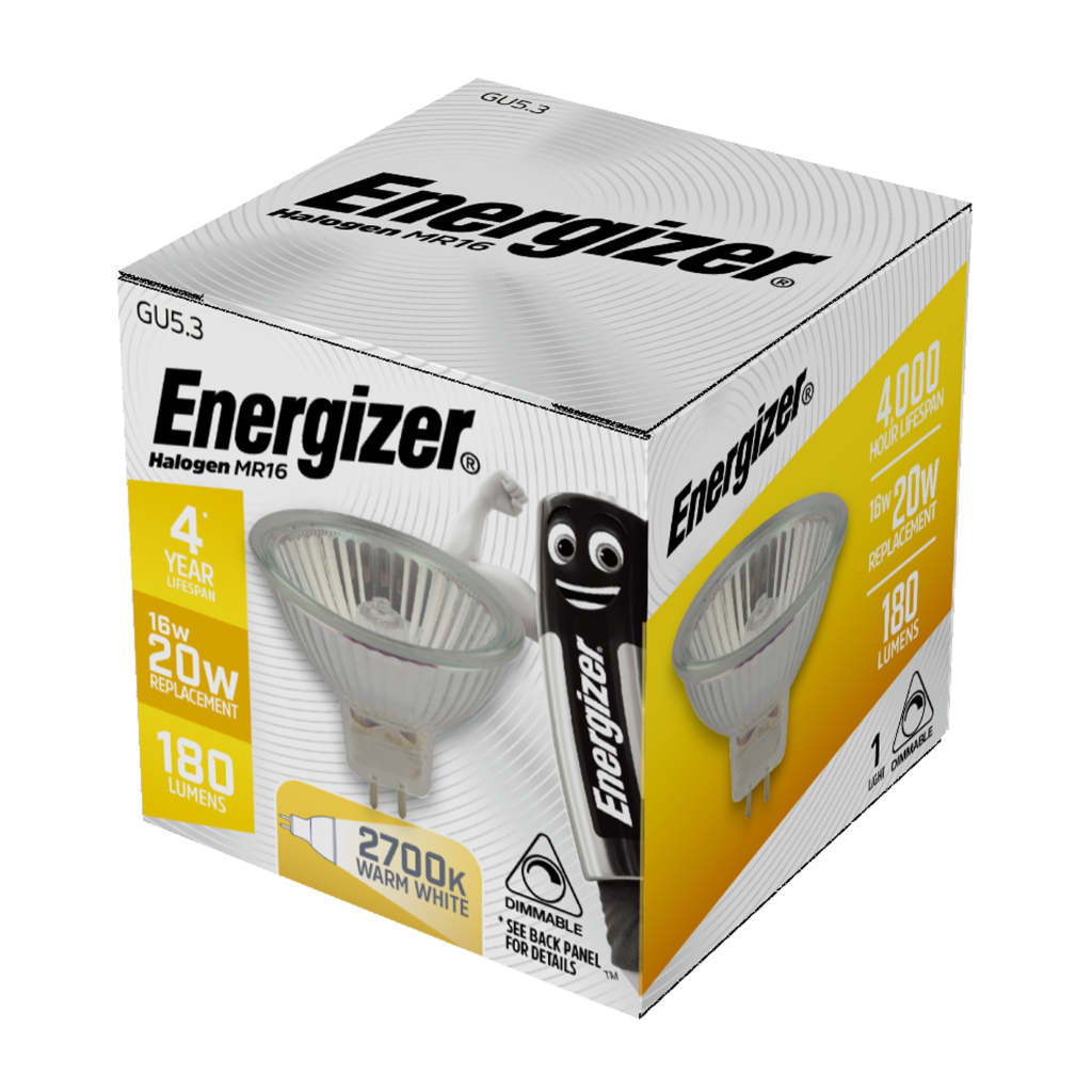 S5412 Energizer Halogen MR16 180lm 16W 2,700K (Warm White) Dimmable, Box of 1