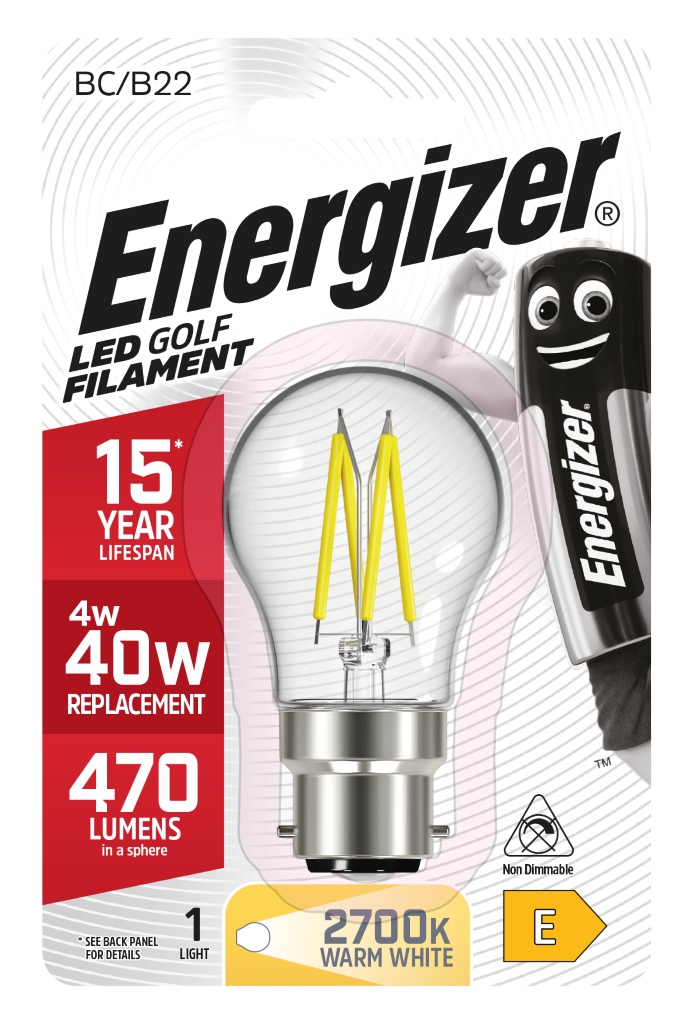 S9032 Energizer LED Filament Golf B22 (BC) 470lm 4W 2,700K (Warm White), Blister of 1