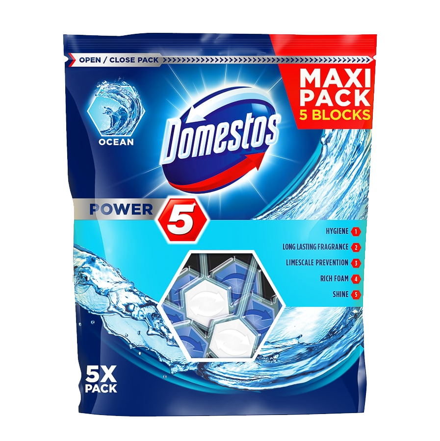 T0147 Domestos Power 5 Rim Block (5 Pack) Pouch Ocean - 55G (8 Pack)